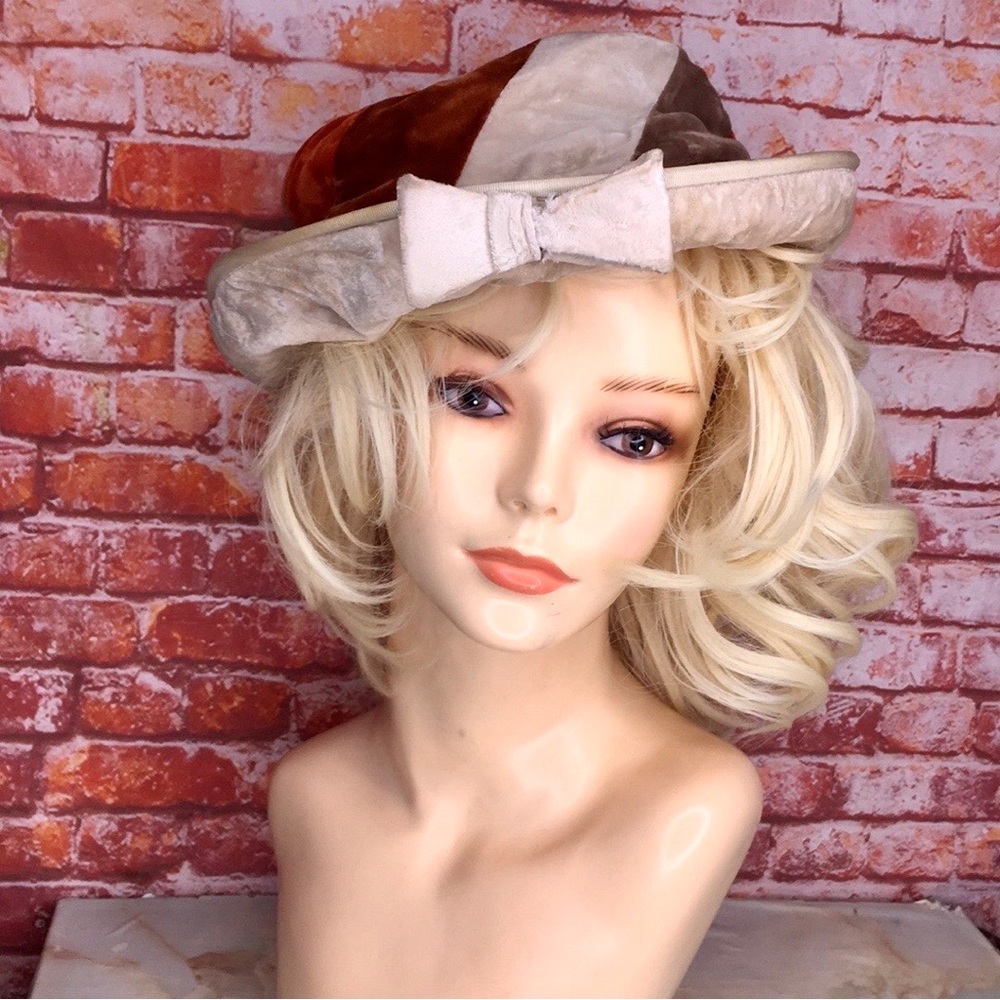 Vintage MCM Created by Marilyn Cream and Orange Patchwork Velevet Hat wi…
